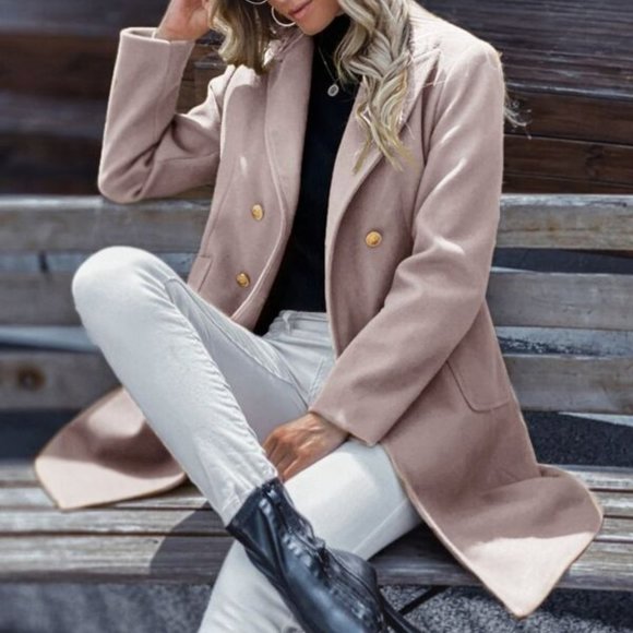 Classic button double breast trench pea coat Pink - Picture 5 of 5